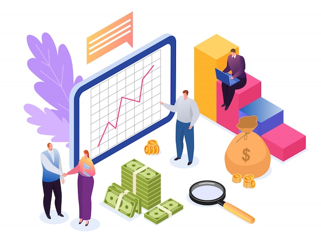 財政の図の投資の概念。開発、データ調査、財務成長、グラフ統計、投資家などの小さな人々。投資分析、ビジネス文書、戦略的。