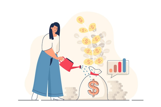 Concetto di investimento per banner web donna che innaffia l'albero dei soldi aumenta il successo finanziario del profitto