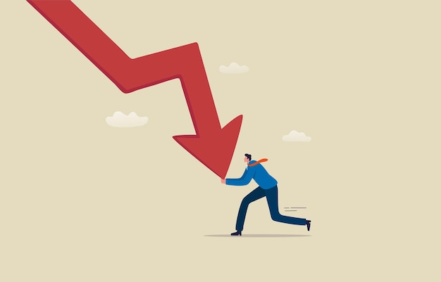 investment crash crisis or recession businessman stopping economic arrow falling down financial crisis illustration