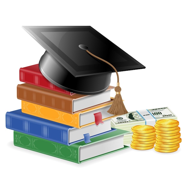 Vector investment in education or knowledge is money concept - stack of colored books with bookmarks and square academic cap mortarboard and money. realistic isolated vector illustration