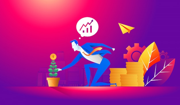 Vector investment and finance growth business concept. businessman putting a coin in flowers pot and planting green money tree. flat illustration