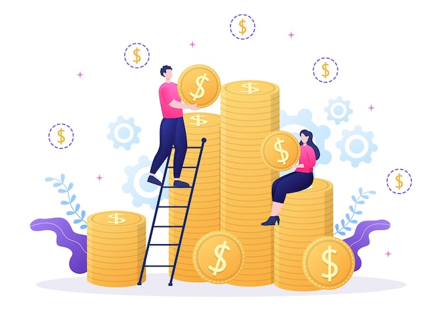 Investment Financial Success Freedom Flat Vector Illustration. Business People Increasing Capital and Profits by Managing Finances Well or Saving Coin