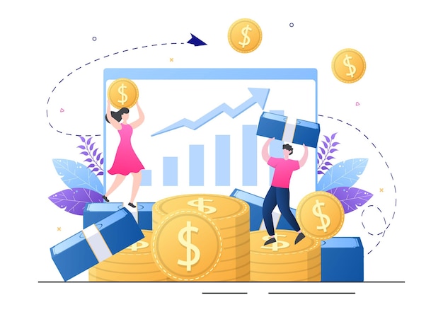investment financial success freedom flat vector illustration. business people increasing capital and profits by managing finances well or saving coin