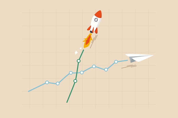 Razzo di crescita degli investimenti, azioni ad alto profitto o rendimento di criptovalute, società o monete vincitrici, concetto di trader veloce ricco, grafico di investimento e grafico con crescita del razzo del cielo rispetto al normale aereo.