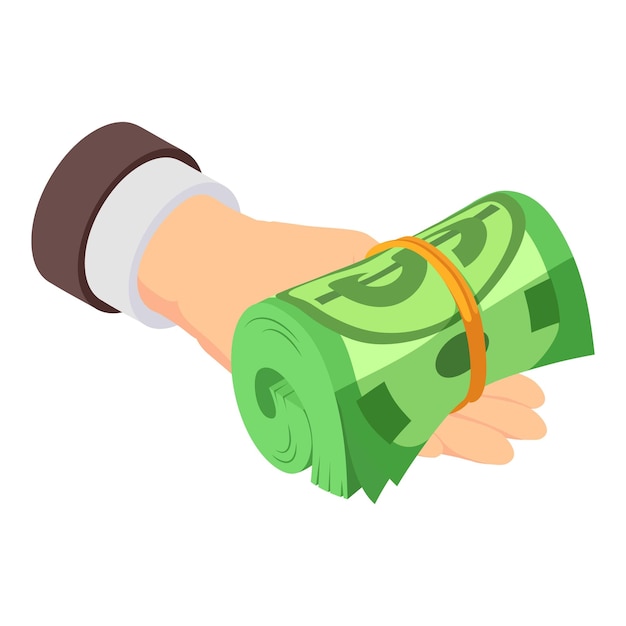 Vector investment income icon isometric vector rolled dollar bill stack in human palm investment concept profit earning