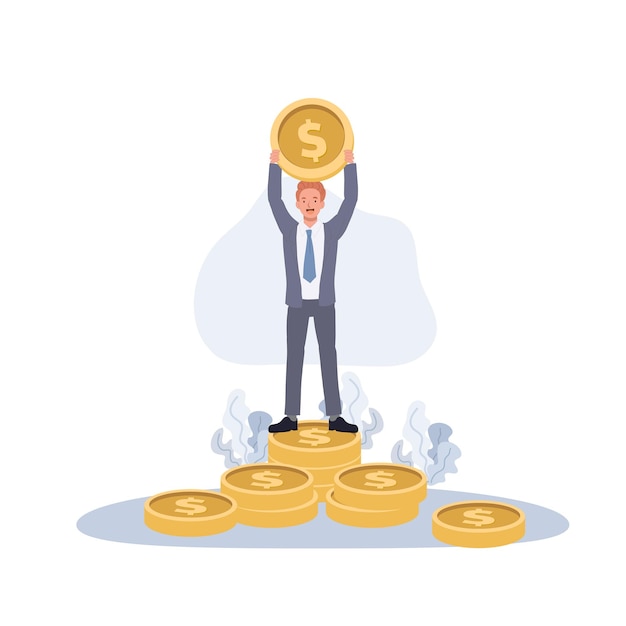 Investment management concept businessman raise the big golden coins on the coin stack flat vector cartoon character illustration