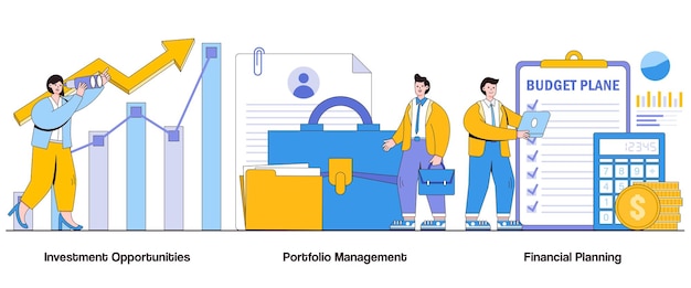 Инвестиционные возможности Управление портфелем Концепция финансового планирования с характером Управление богатством Абстрактная векторная иллюстрация Набор Распределение активов Управление рисками Финансовый рост