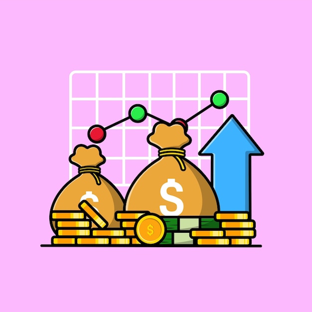 Investment Statistic With Money And Gold Coin Cartoon Vector Icon Illustration