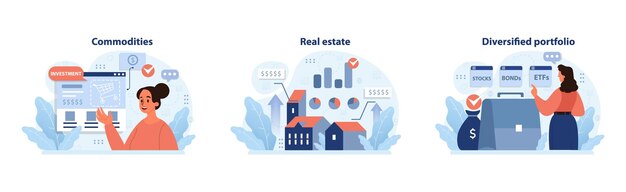 investment strategies set enthusiastic woman explores commodities focused man evaluates real estate