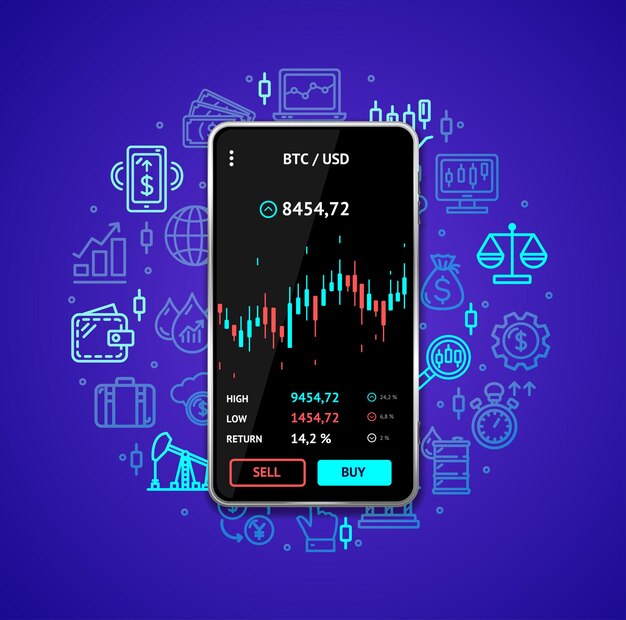 Investment Trading Mobile Concept with Realistic Detailed 3d Smartphone and Thin Line Icons Set Vector illustration