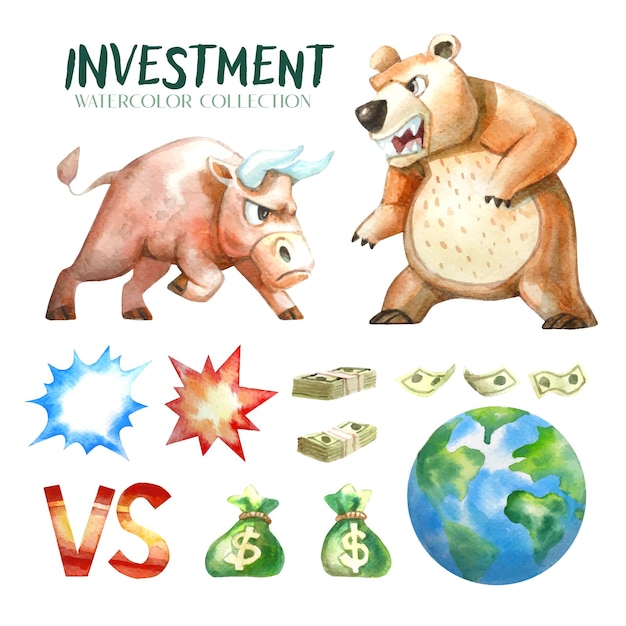 Vector investment watercolor collection arranged separately.