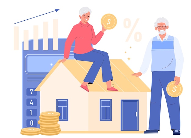 Investments estate Mature man and woman buy real estate Old couple holds coins in their hands