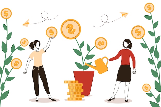 Investimenti e concetto di crescita dei ricavi risparmio e aumento di denaro le donne coltivano un albero dei soldi