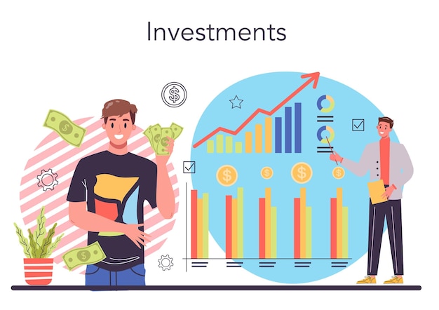 투자자 개념 투자 상태 기본 분석 다각화 증가 투자 재정 지원 아이디어 프로젝트 벡터 평면 그림에 돈 투자