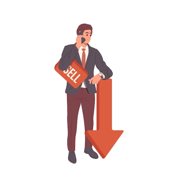 Investor or trader cartoon character holding signboard sell calling by mobile phone standing nearby red down arrow isolated on white Crypto currency trading investment decision vector illustration