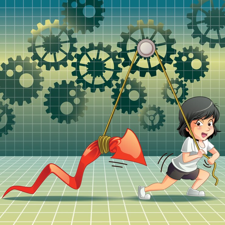 Vector investors are lifting and dragging red arrow on gear background.