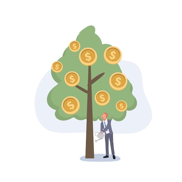 Investors strategy funding concept Business investment profit Businessman watering money tree Flat vector cartoon character illustration