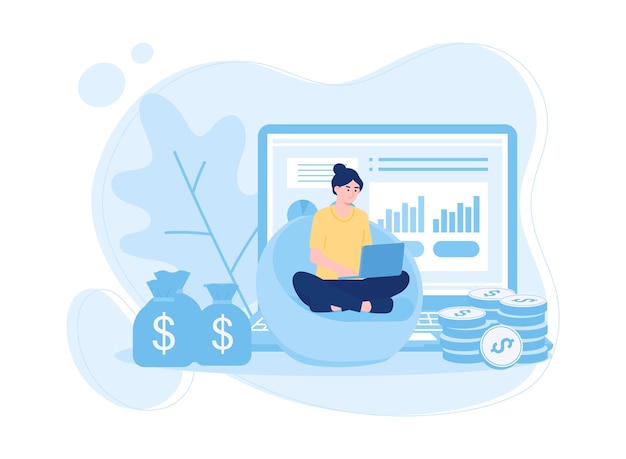 investors with laptops monitor growth and invest capital analyze profit concept flat illustration