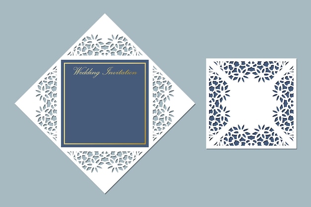 Vector invitatie voor de bruiloft met kant, lasergesneden, papiergesneden sjabloon.