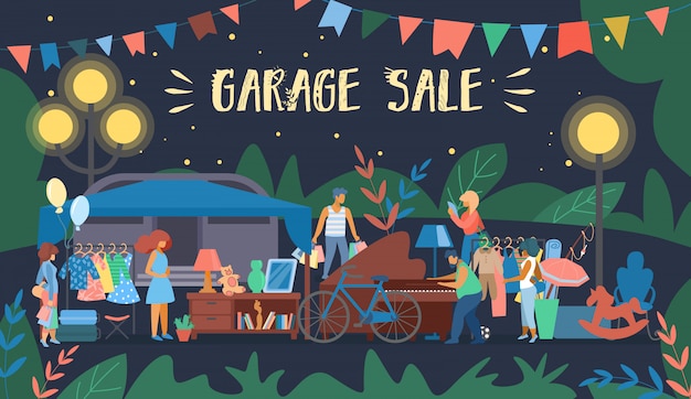 Invitation banner is written garage sale cartoon