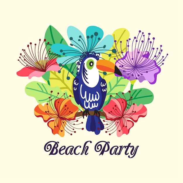 приглашение на пляжную вечеринку с участием тропических цветов, экзотических листьев и туканов.