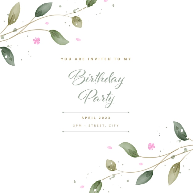 Invitation for birthday party in rustic style. Greenery Watercolor Floral template card design.