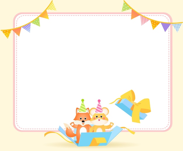Un invito a una festa di compleanno con una volpe e un topo che indossano un cappello a cono e un'illustrazione di una ghirlanda