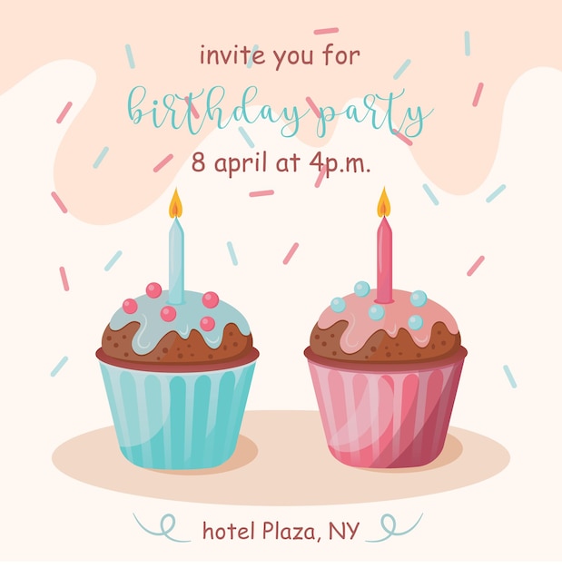 invitation for birthday party with two cupcakes blue and pink