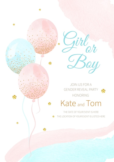 An invitation card for a baby shower with a watercolor balloons and flowers. it's a girl.