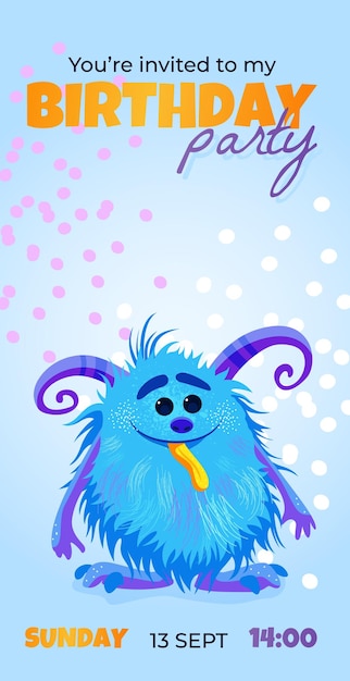 invitation card to Birthday party template with cute cartoon Monster. Invitation for kids.