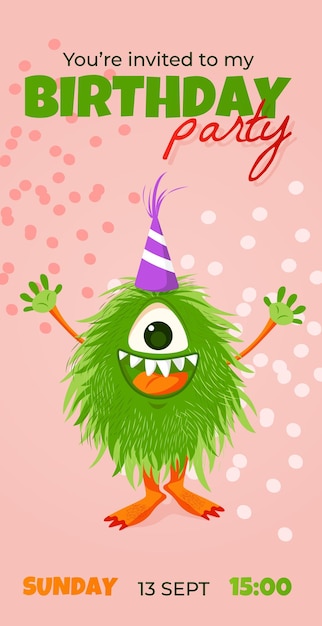 귀여운 만화 괴물과 함께 생일 파티 템플릿에 초대 카드. 아이들을 위한 초대장.
