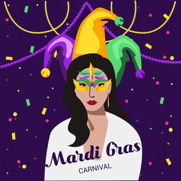 Invitation card to a carnival party mardi gras Traditional mask with feathers maracas fireworks