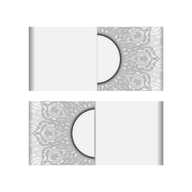 텍스트와 패턴을 위한 공간이 있는 초대 카드 디자인. 검은색 만다라 장식이 있는 흰색 엽서 디자인.