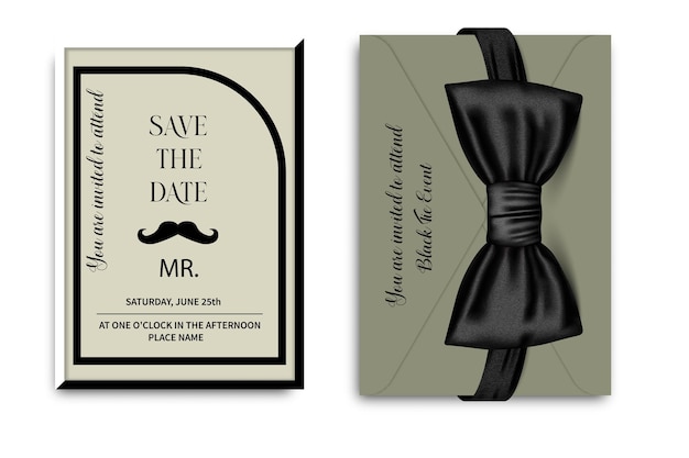 An invitation card to a man's day party Vector bow tie Black white and gold are classic patterns with moustaches Design for a real man Father's Day Template