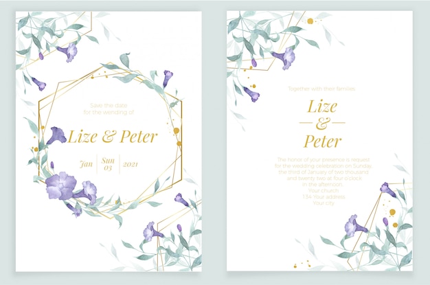 Invitation card template watercolor botanical elements golden frame flowers and leaves