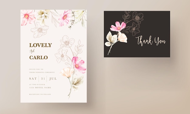 invitation card template with beautiful pink flower and golden floral