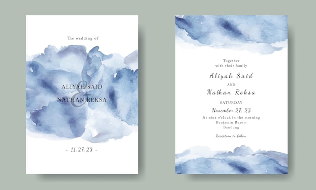 Modello di biglietto d'invito con sfondo blu marino acquerello grunge splash