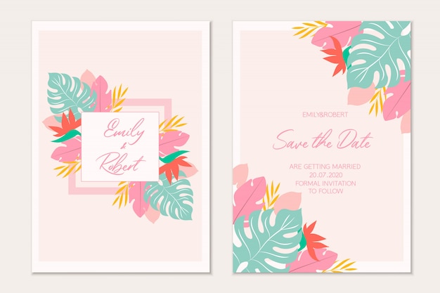 Invitation card template with tropical leaves