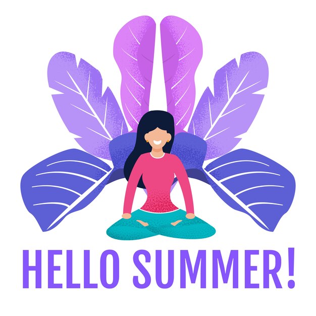 Invitation Card. Welcoming Lettering Hello Summer and Meditating Calm Woman