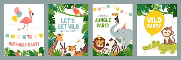 Vettore carta d'invito con animali poster carino con bambino animale della giungla modello di invito di compleanno divertente con leone selvaggio elefante scimmia zebra sfondi per bambini per le vacanze set vettoriale