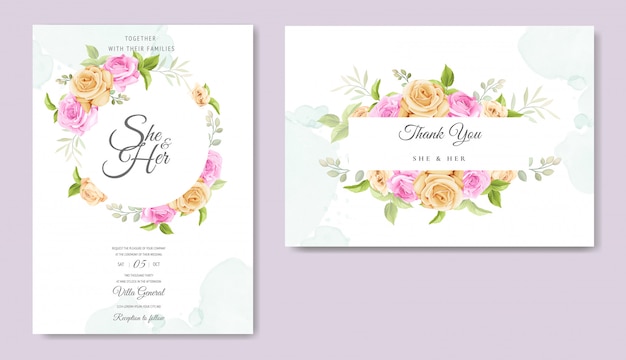 Invitation card with beautiful yellow and pink roses template