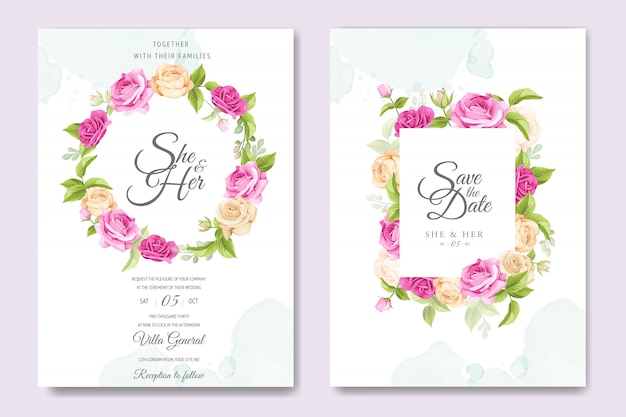 Carta di invito con bellissimo modello di rose gialle e rosa