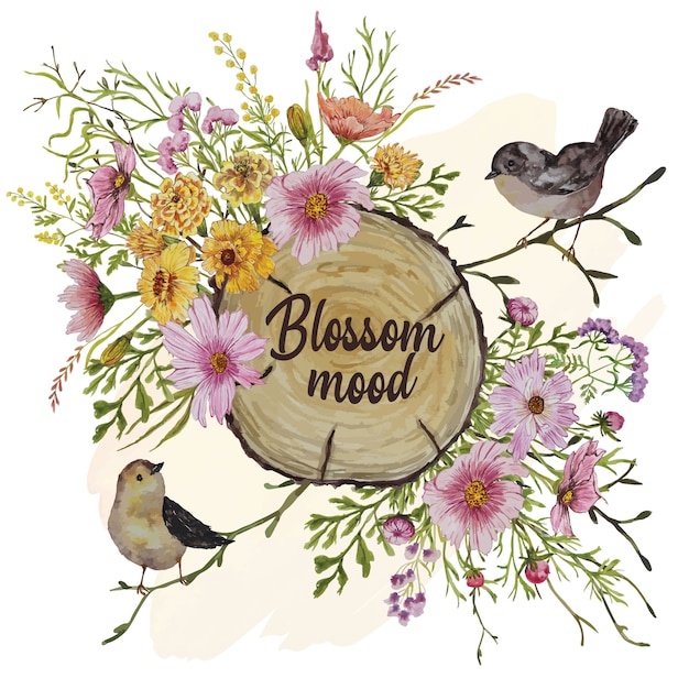 Invitation card with birds and autumn flowers