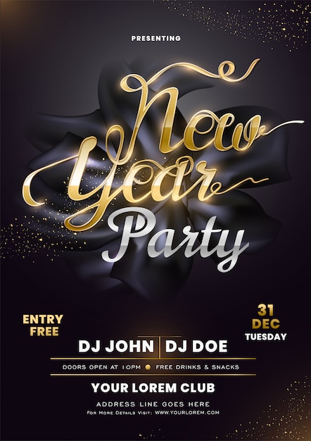 Vector invitation card  with calligraphy new year party on black silk fabric  with event details.