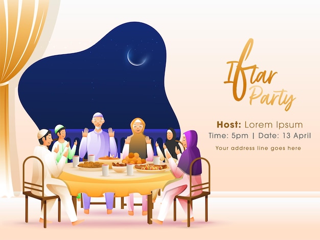 Invitation card with muslim family praying before iftar dinner during ramadan feast at home.