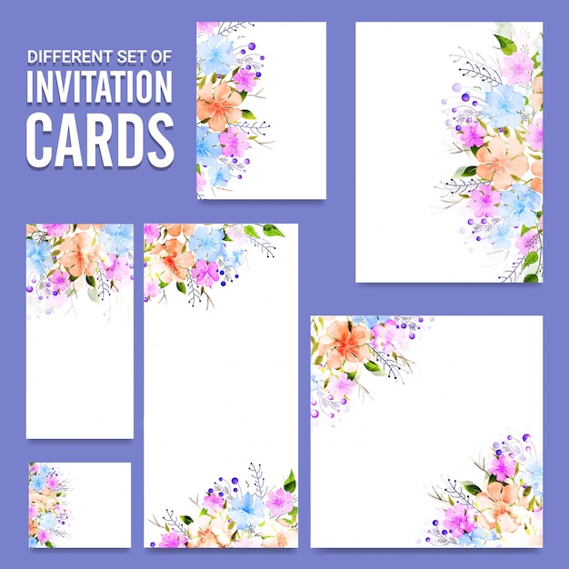 Invitation cards set with colorful watercolor flowers.