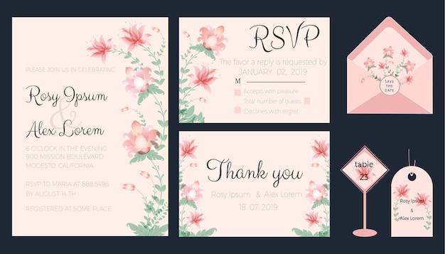 Vector invitation cards with flowers elements wedding collection