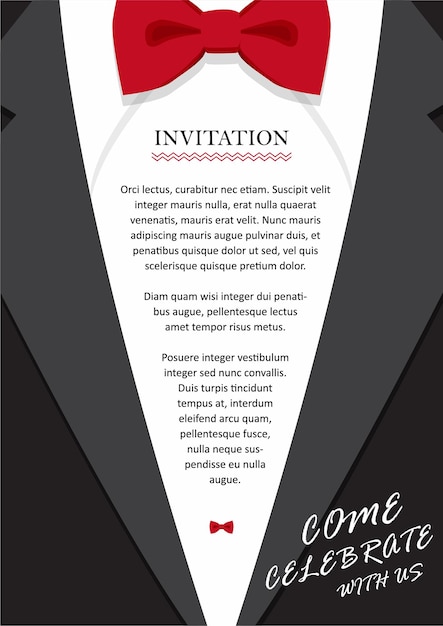 Vector invitation cards with red bow tie elegant suit and tuxedo