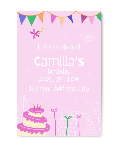 Invitation to a childrens party with cake and gifts Vector illustration