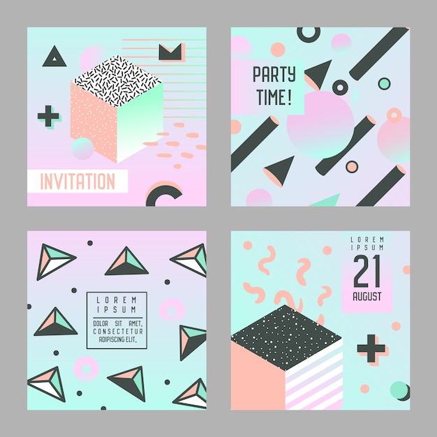Invitation Congratulation Cards Set memphis Style. Abstract Poster Banner Flyer Templates with Geometric Elements. 